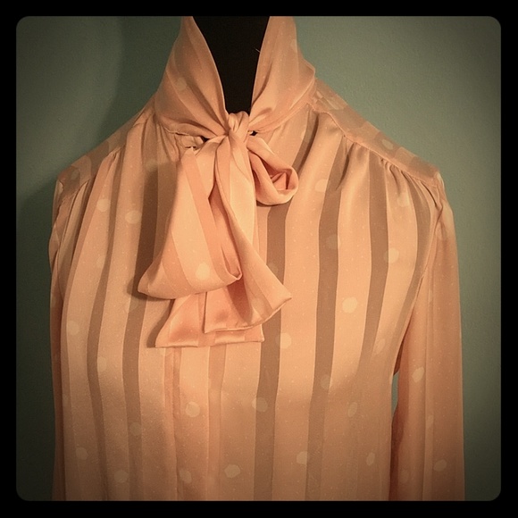 Vintage Tops - Vintage Haberdashery Pink Polkadot Poly Blouse 8